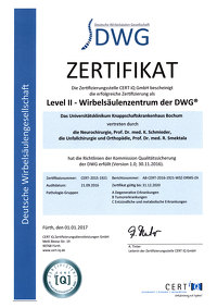 Zertifikat als Level II - Wirbelsäulenzentrum der DWG
